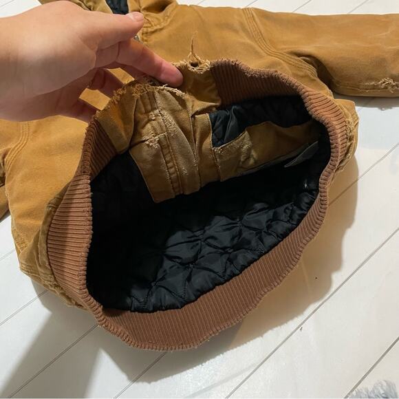 Carhartt Destroyed Distressed Brown Tan Full Zip Hooded Jacket Coat Boy XS‎ - Picture 11 of 14